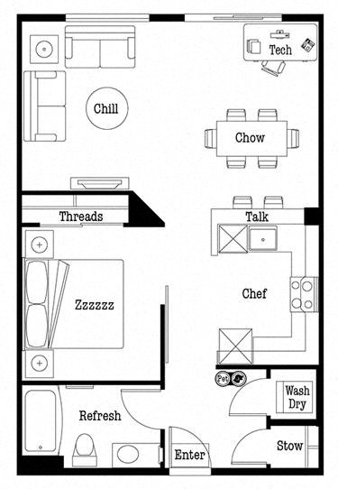 1x1 Open D Floor Plan at Six Oaks, Washington